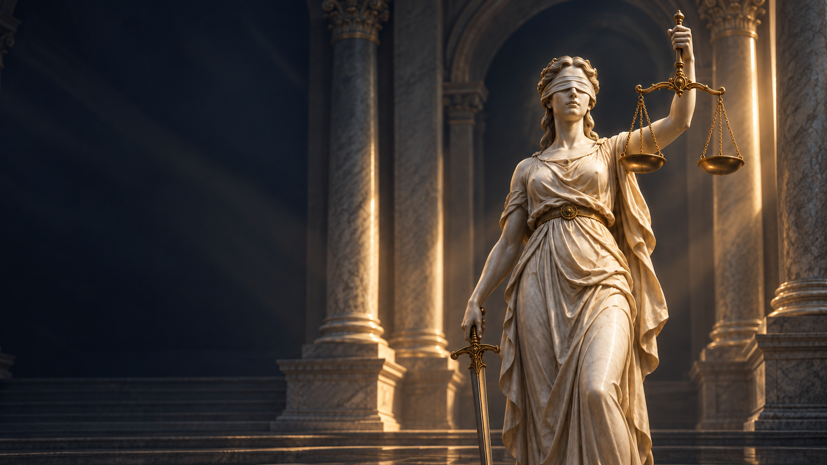 Lady Justice holding balanced scales and a sword in a courthouse