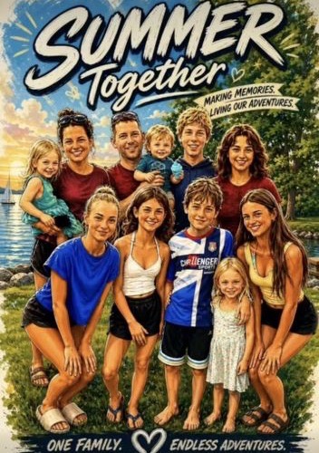 Sarah Kyte's blended family in the Summer Together campaign graphic with the words One Family, Endless Adventures