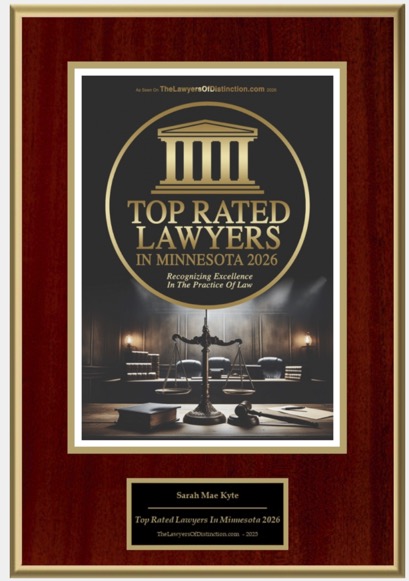 Top Rated Lawyers in Minnesota 2026 plaque presented to Sarah Mae Kyte